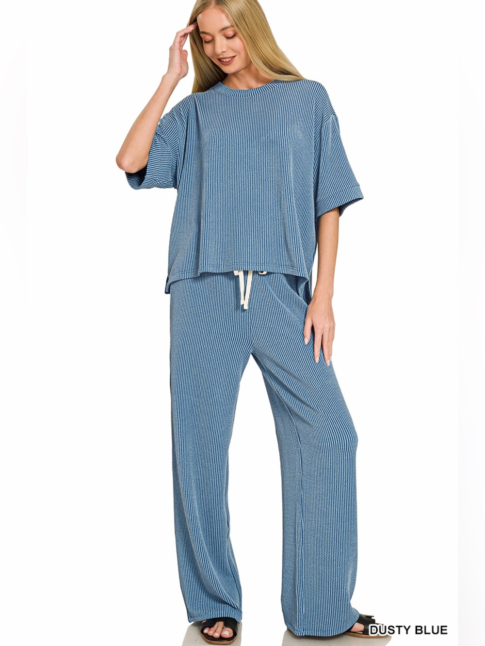 Zenana Dusty Blue Ribbed Two-Piece Set